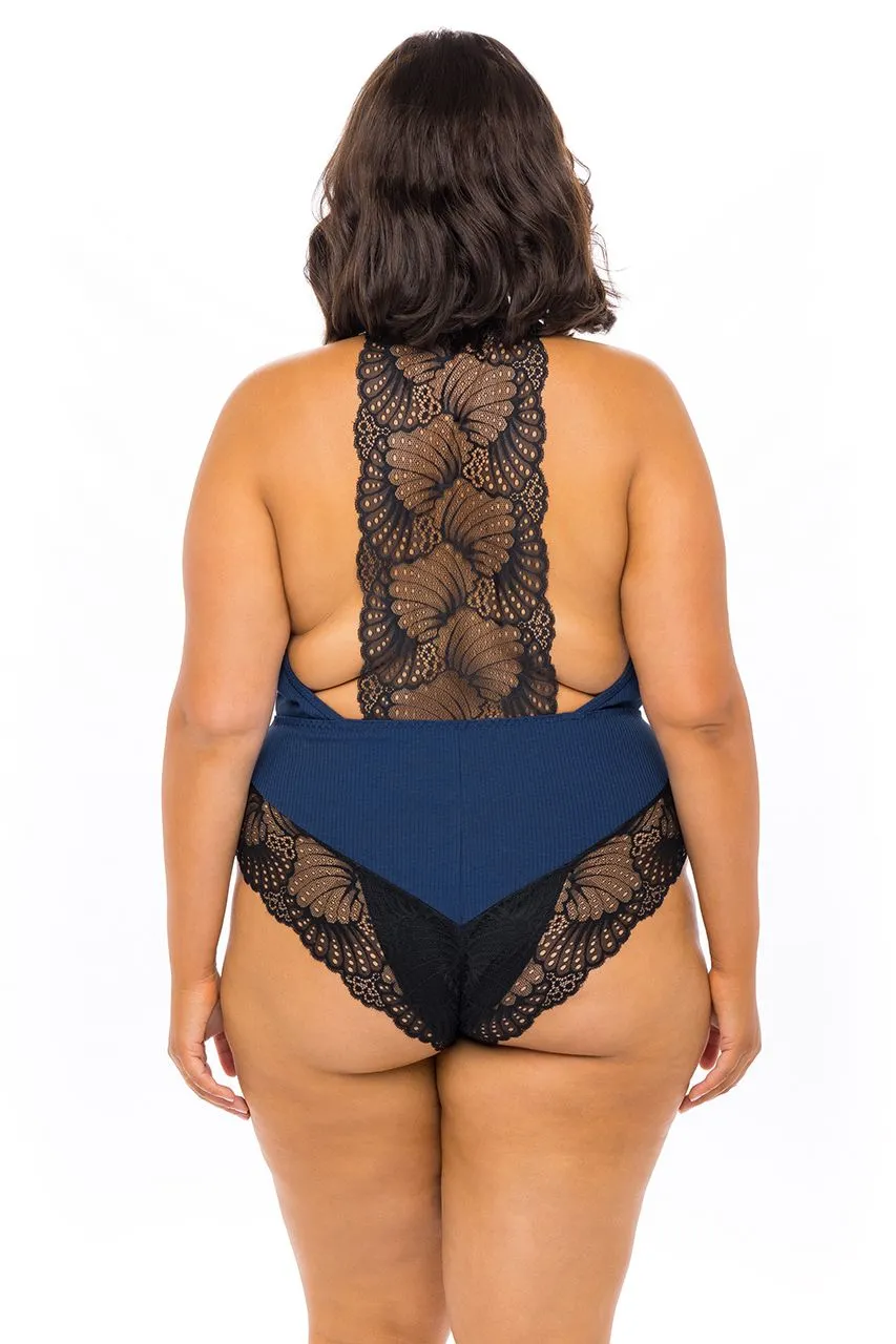 Curvy Claribel Lace Jersey Romper - ESTATE BLUE/BLACK