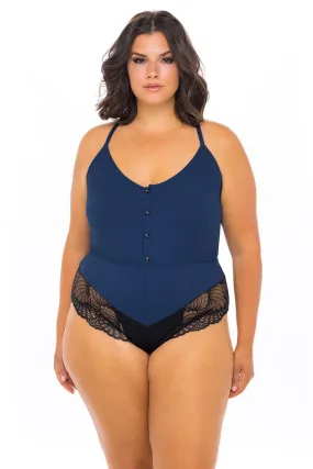 Curvy Claribel Lace Jersey Romper - ESTATE BLUE/BLACK