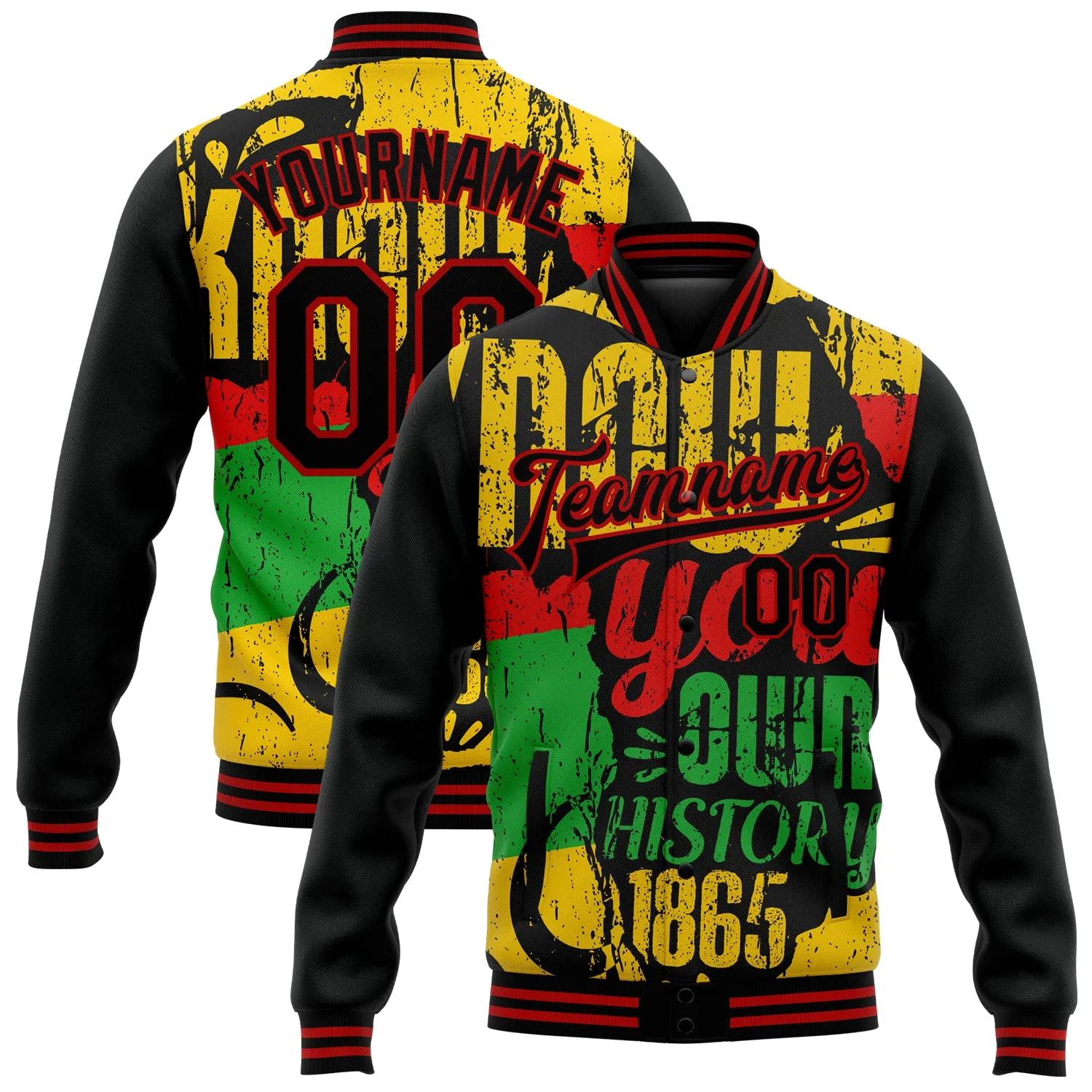 Custom Black Red Gold-Kelly Green Black History Month 3D Pattern Design Bomber Full-Snap Varsity Letterman Jacket