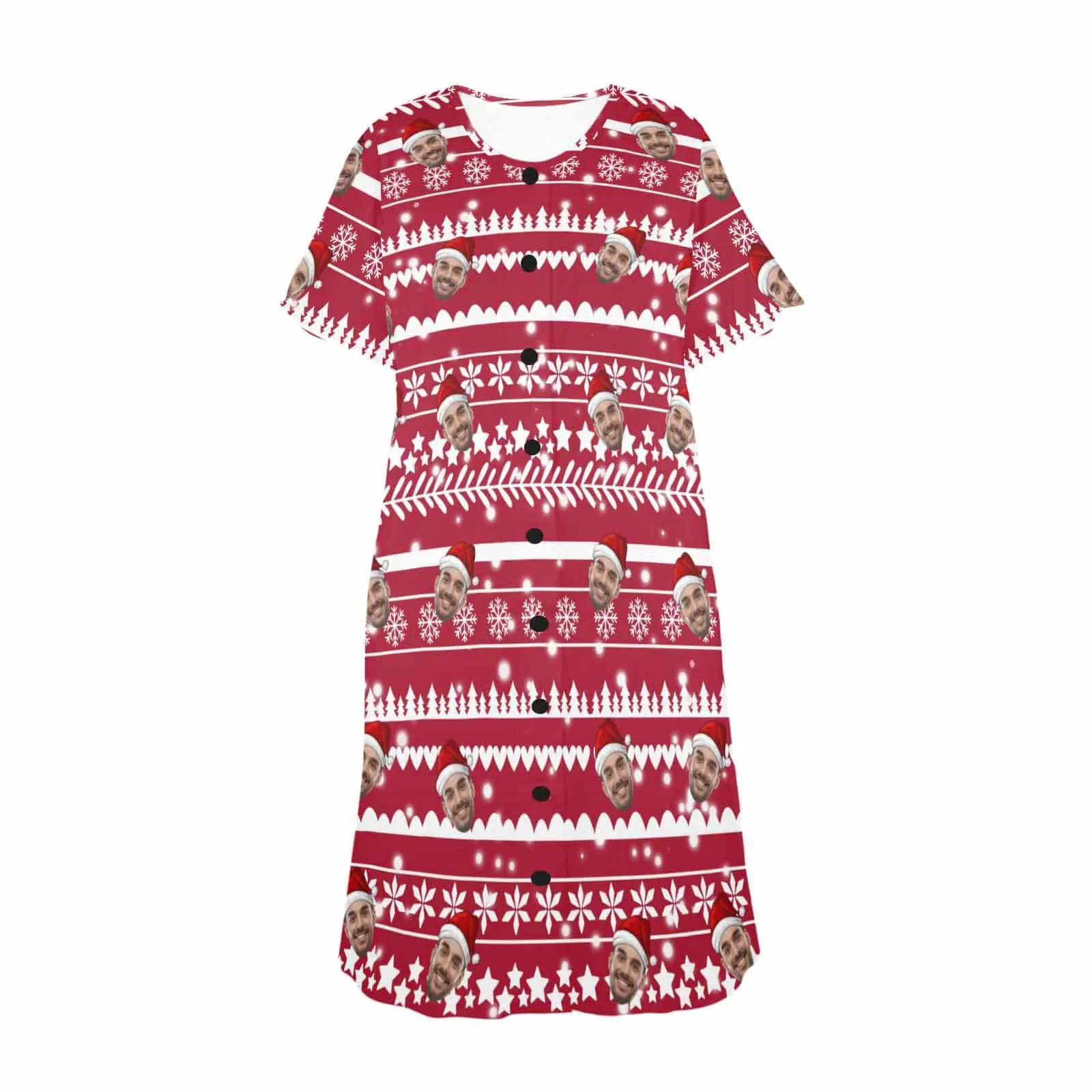 Custom Face Christmas Snowflake Pattern Women's Pajama Dress - Red