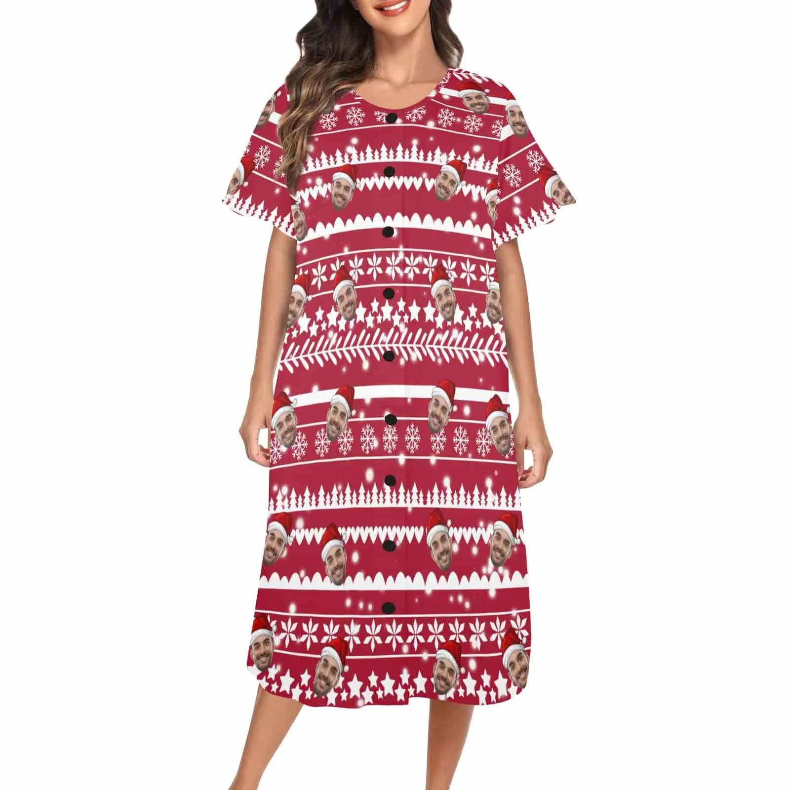 Custom Face Christmas Snowflake Pattern Women's Pajama Dress - Red