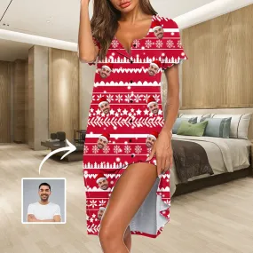 Custom Face Christmas Snowflake Pattern Women's Pajama Dress - Red