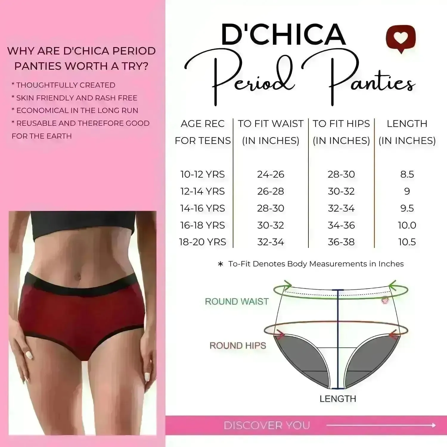 D'chica Rainbow Period Eco-Friendly Anti-Microbial Lining Panties - Blue Lining, PFOS PFAS Free