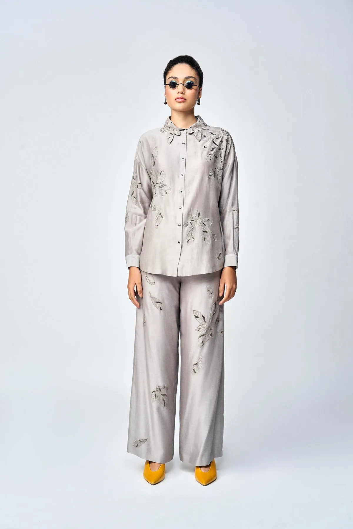 DELICATE LEAVES DROP SHOULDER ASYMETRIC SHIRT WITH FLARED PANTS