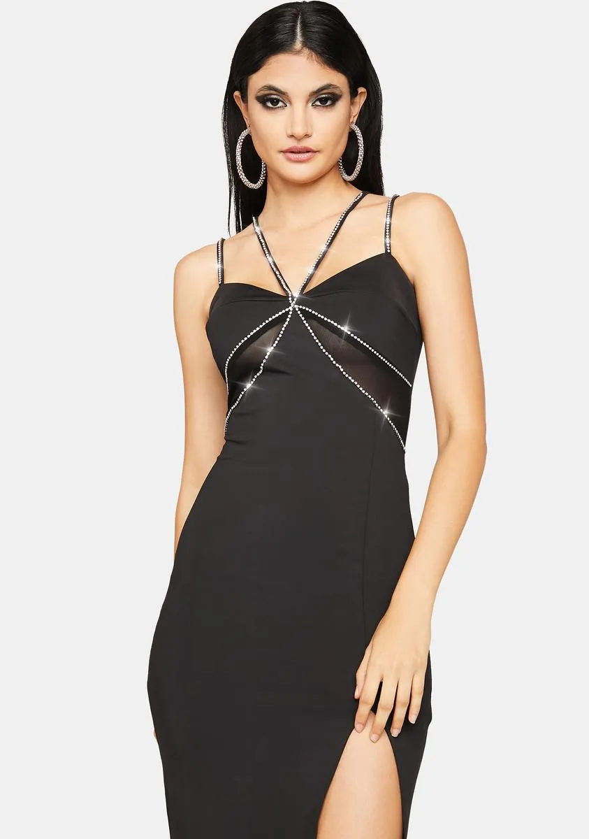 Diamante Detail Mesh Panel Maxi Dress