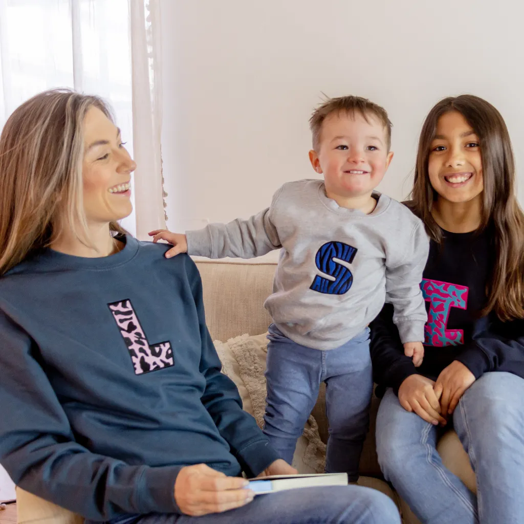 Embroidered Animal Print Initial Airforce Blue Sweatshirt