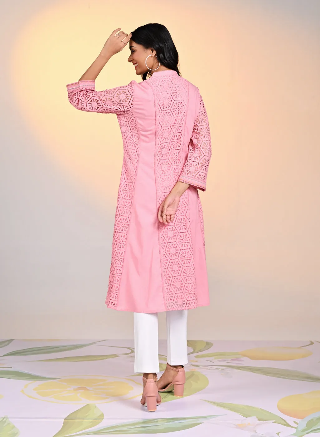 Fariha Carnation Pink Embroidered Raschel
Net Dress for Women