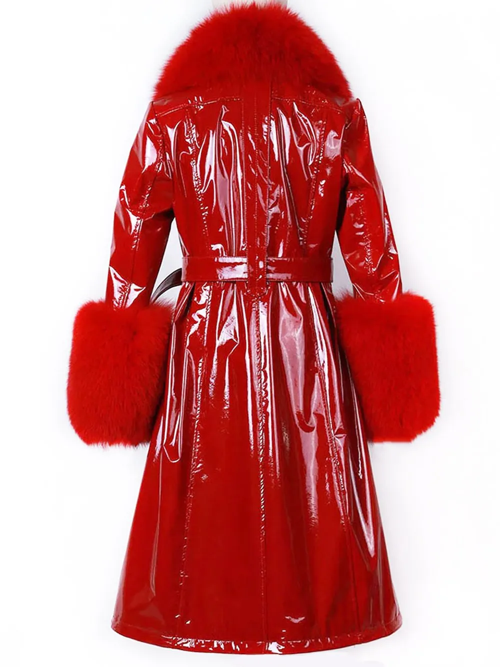 Faux Fur Genuine Patent Leather Coat in Red