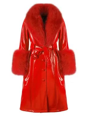 Faux Fur Genuine Patent Leather Coat in Red