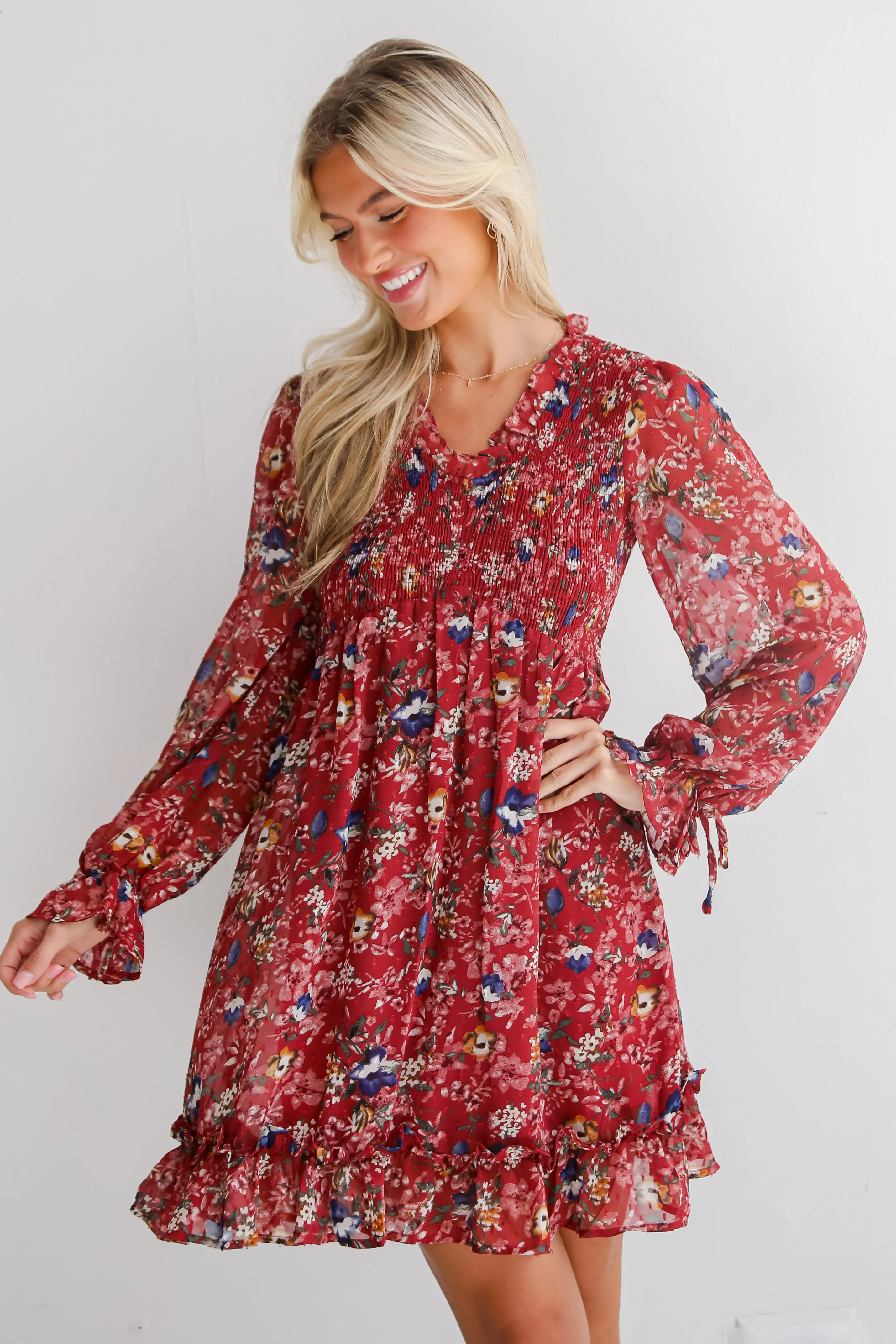 FINAL SALE - Darling Persuasion Burgundy Floral Mini Dress