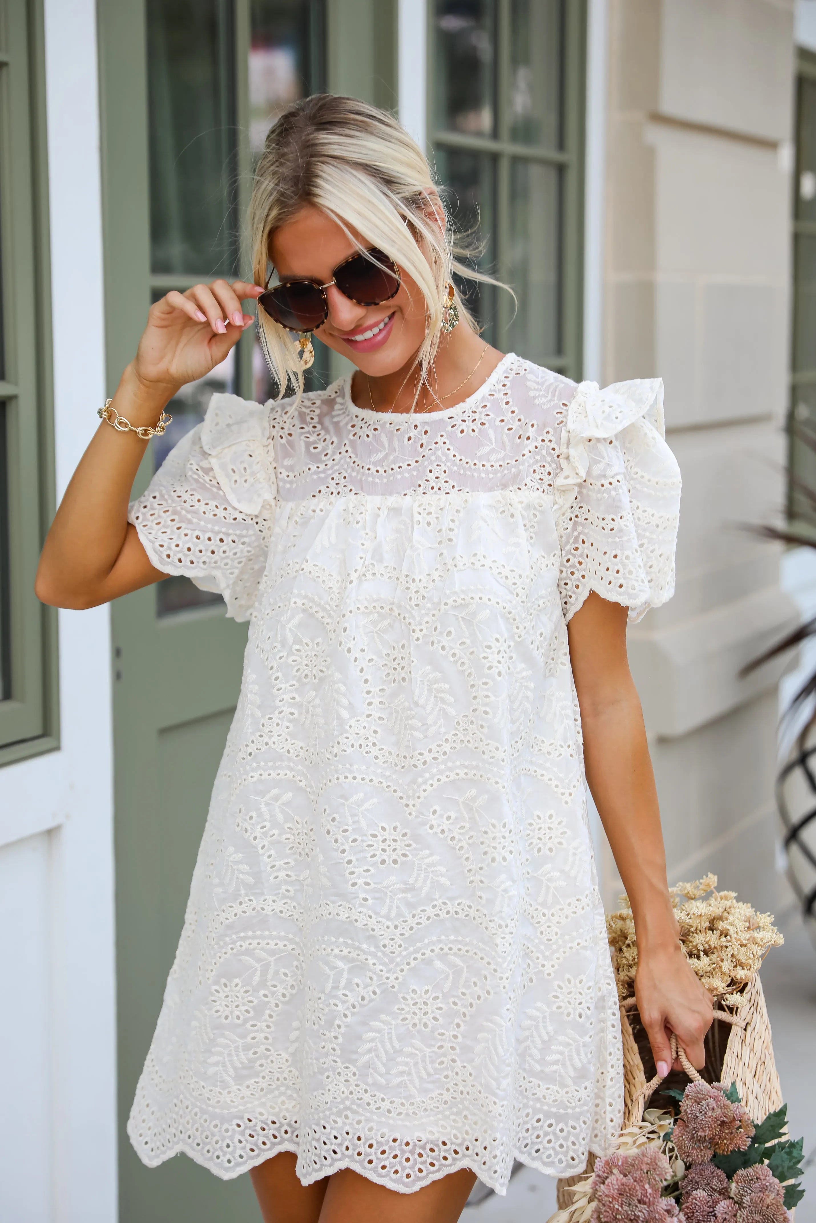 FINAL SALE - Goddess Aura Ivory Eyelet Mini Dress