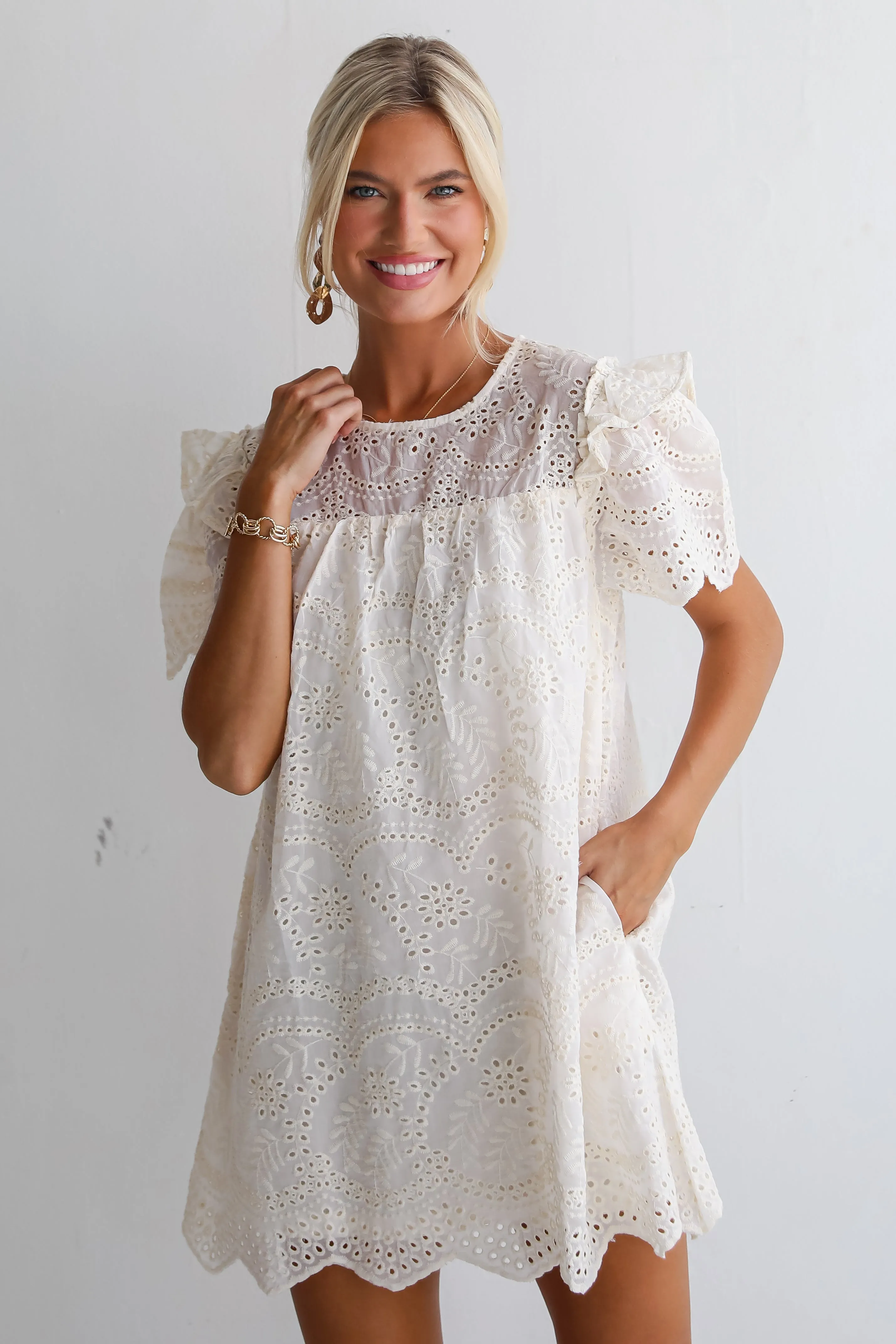 FINAL SALE - Goddess Aura Ivory Eyelet Mini Dress