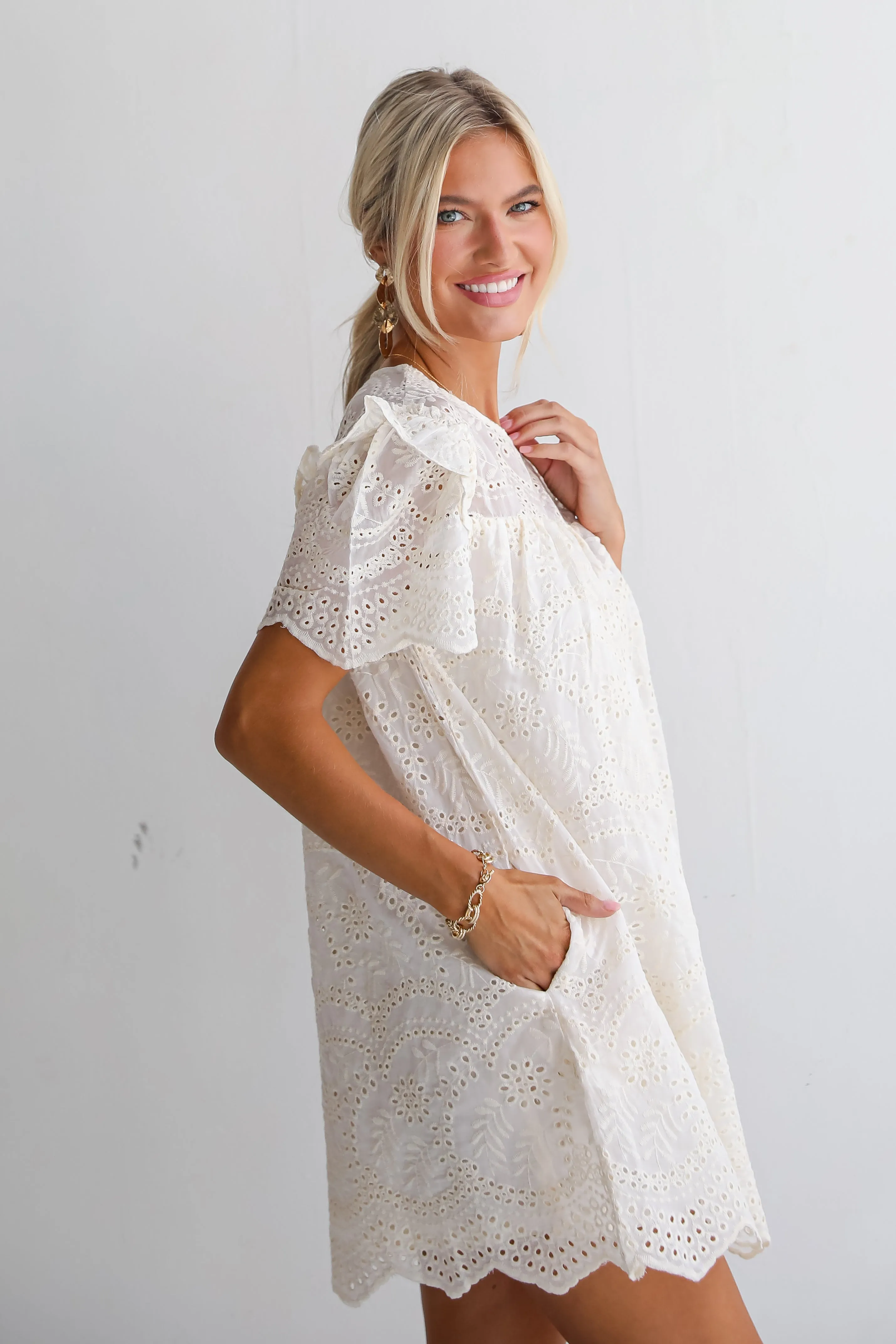 FINAL SALE - Goddess Aura Ivory Eyelet Mini Dress