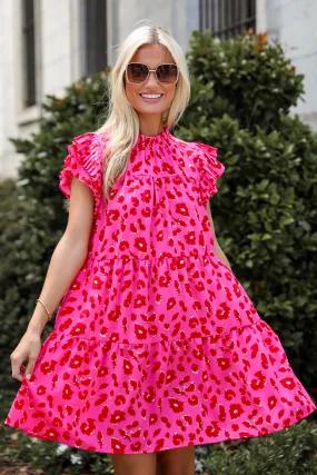 FINAL SALE - Latest Crush Hot Pink Leopard Tiered Mini Dress