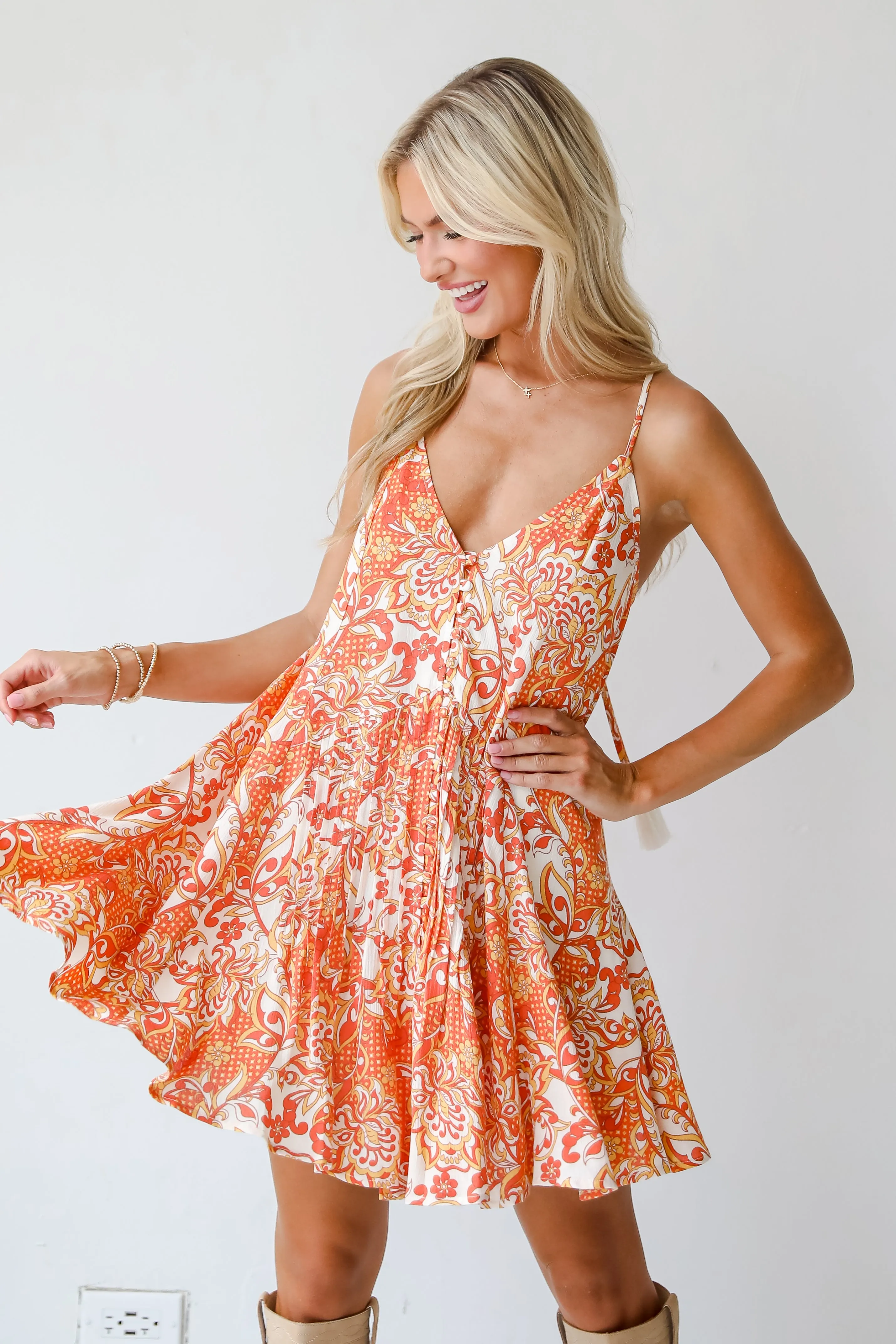 FINAL SALE - Majorly Stylish Orange Paisley Floral Mini Dress