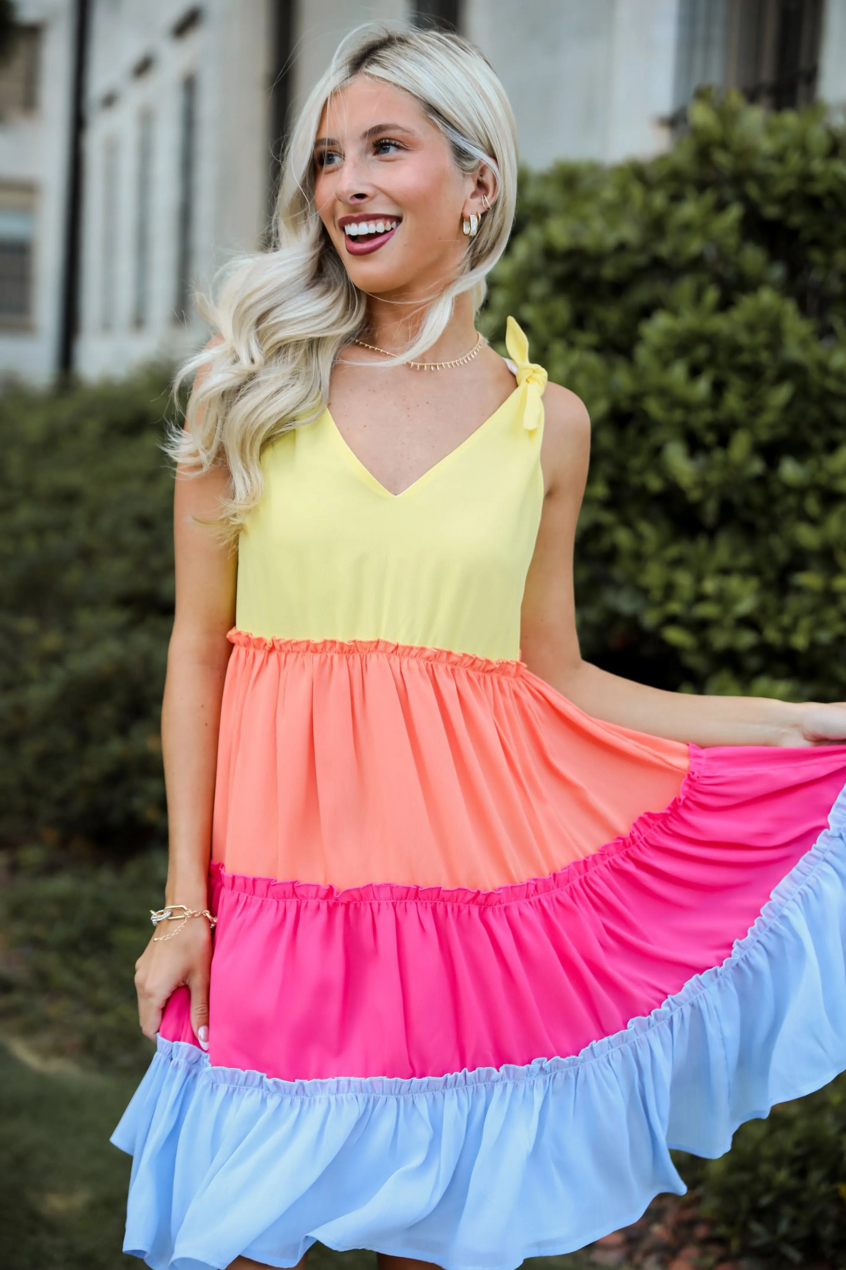 FINAL SALE - Make My Heart Flutter Tiered Color Block Mini Dress