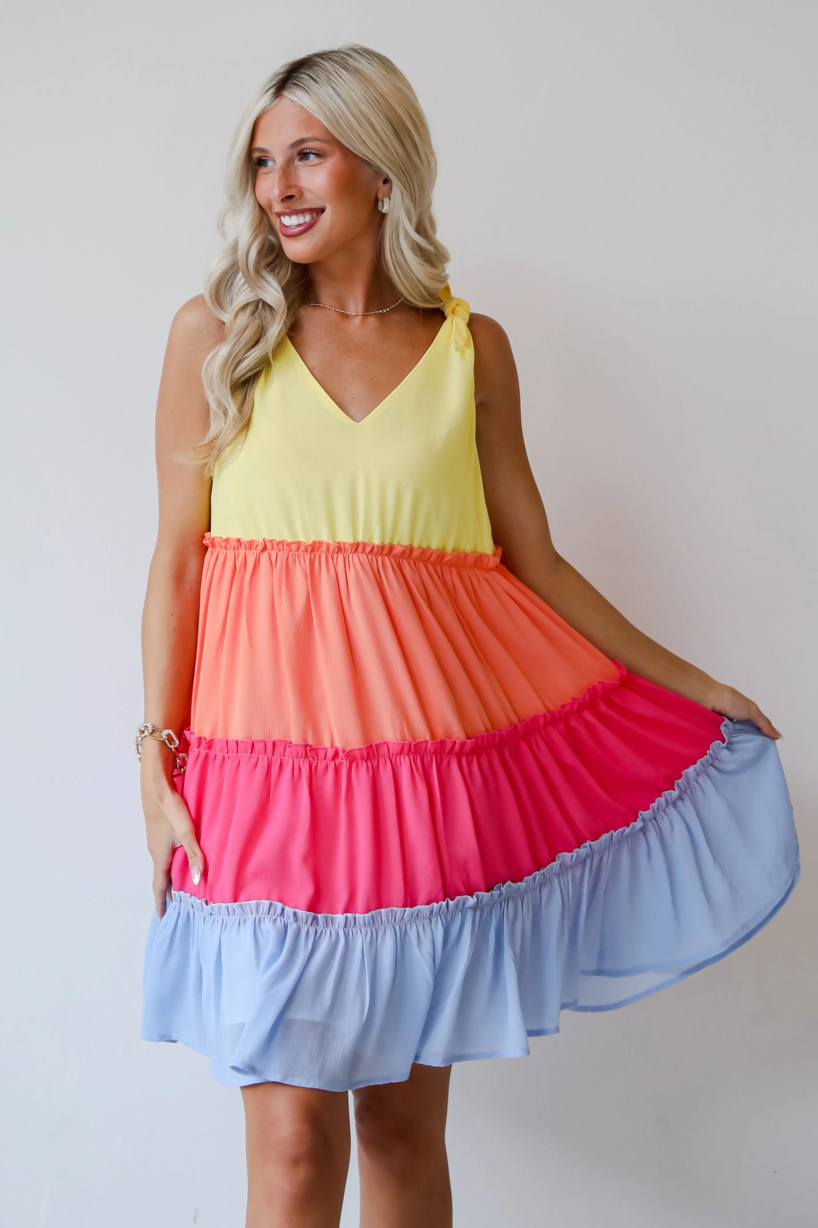 FINAL SALE - Make My Heart Flutter Tiered Color Block Mini Dress