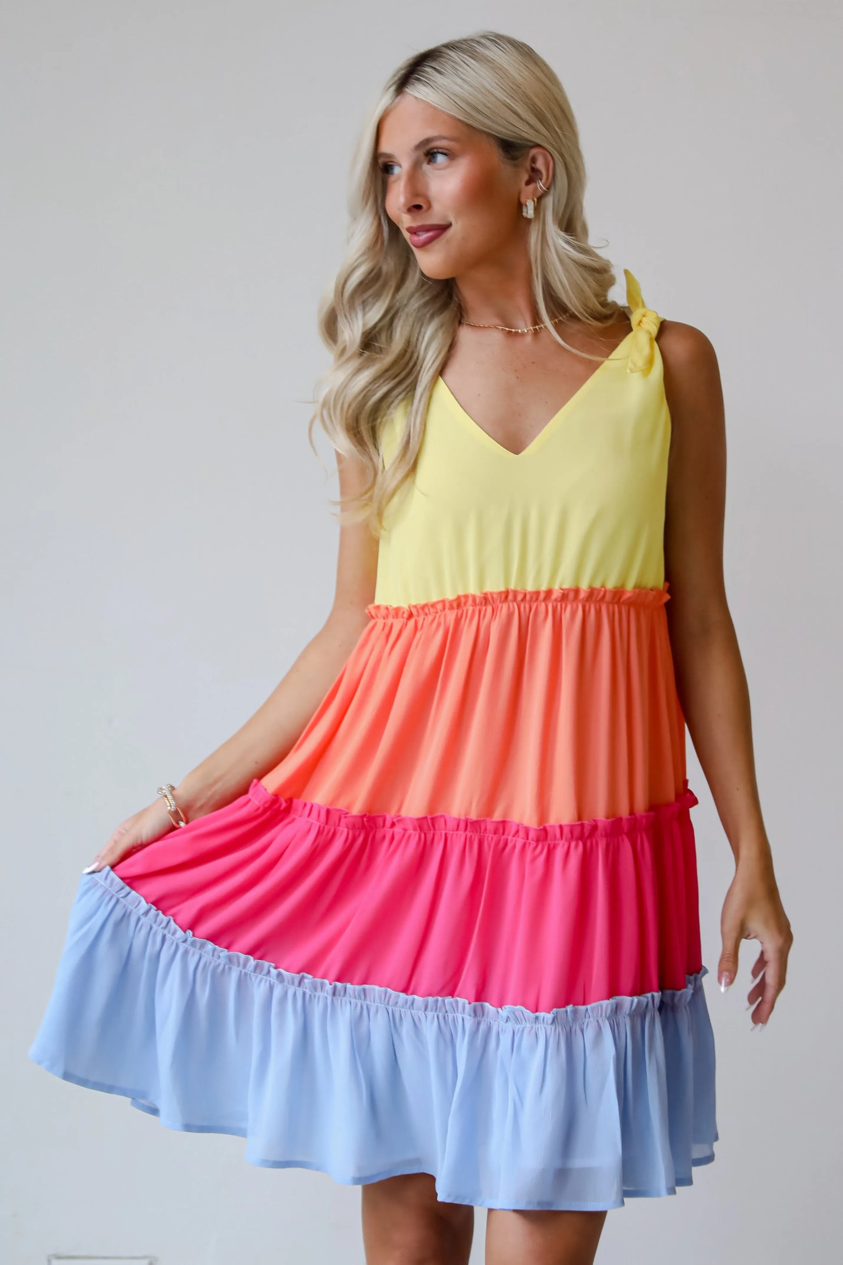 FINAL SALE - Make My Heart Flutter Tiered Color Block Mini Dress