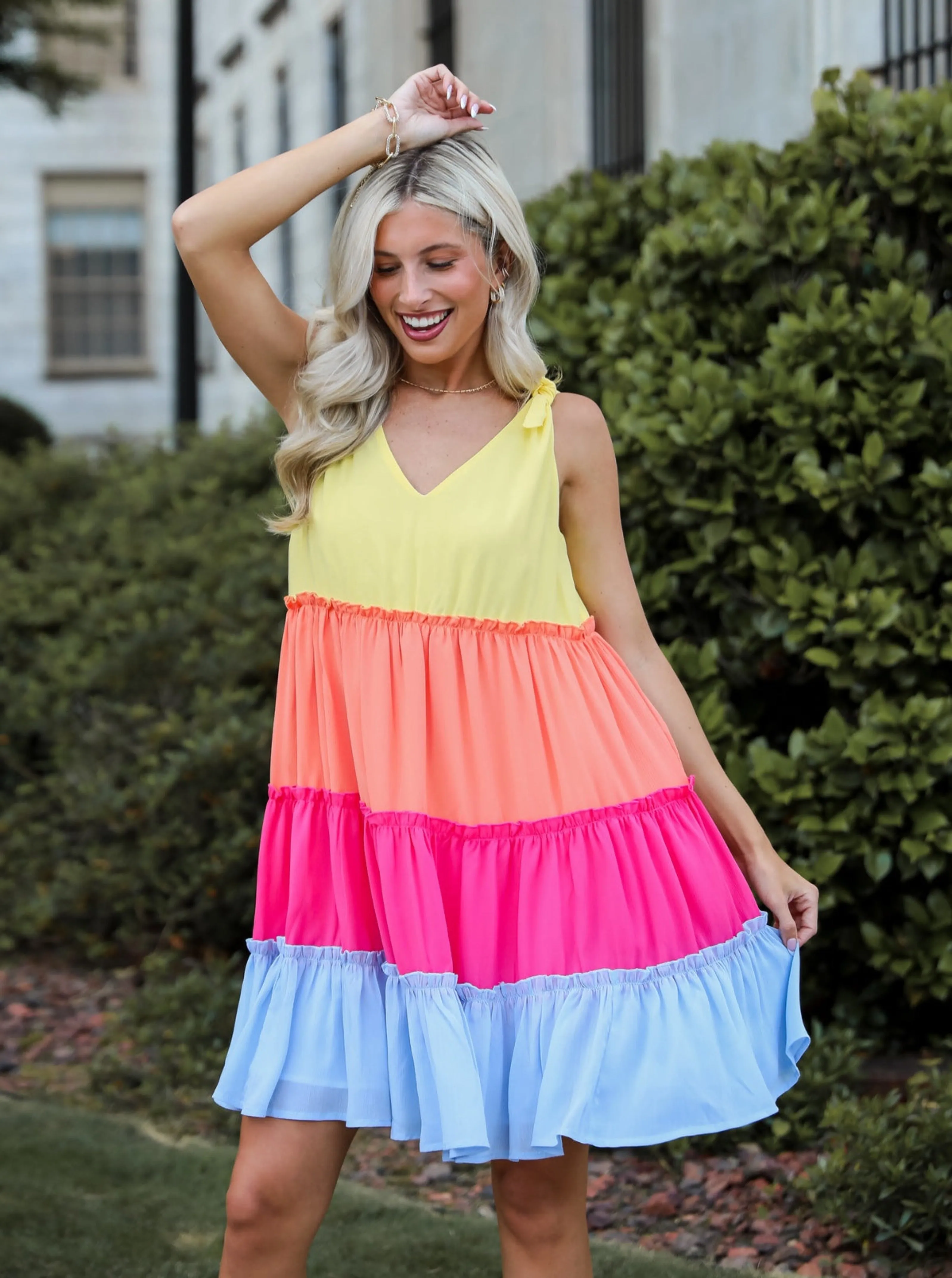 FINAL SALE - Make My Heart Flutter Tiered Color Block Mini Dress