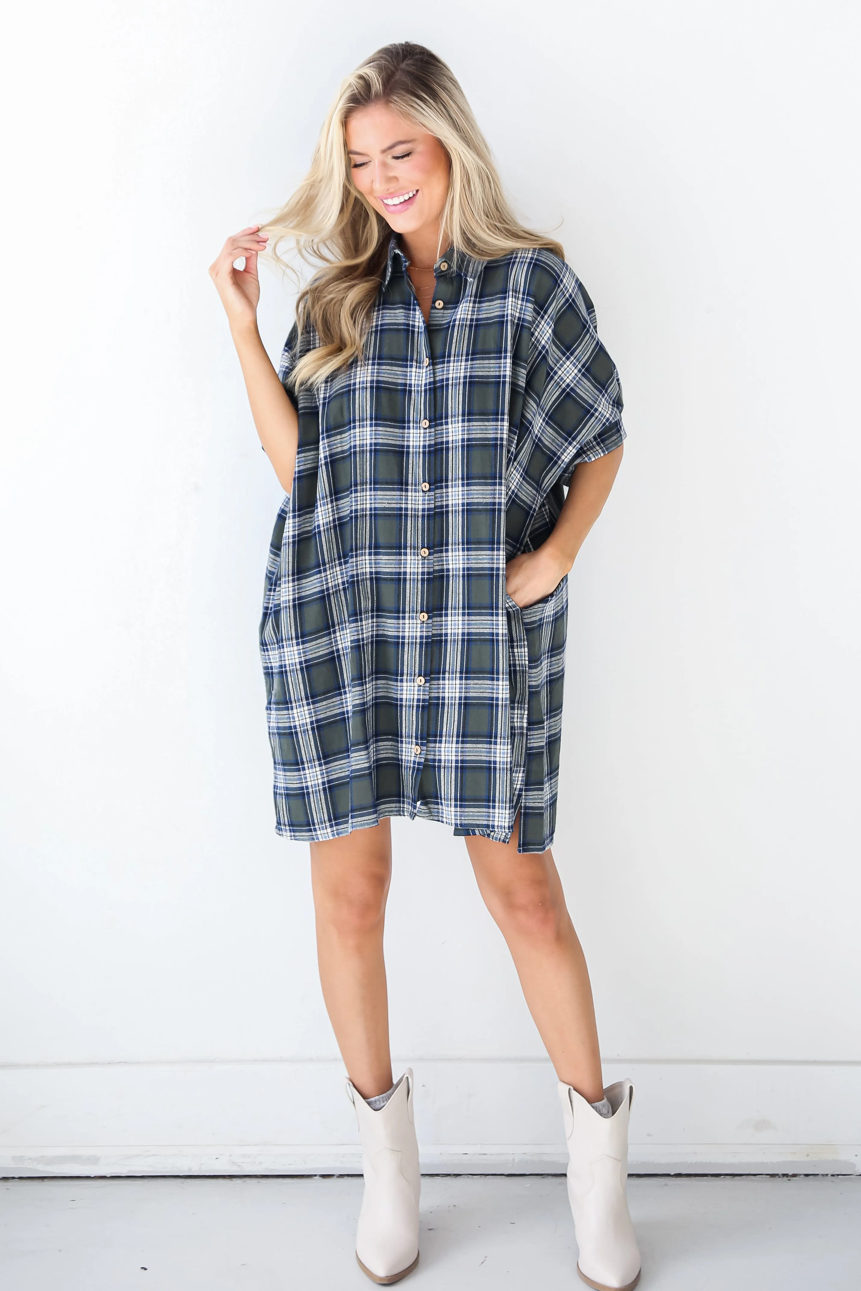 FINAL SALE - Next Door Darling Olive Plaid Mini Dress