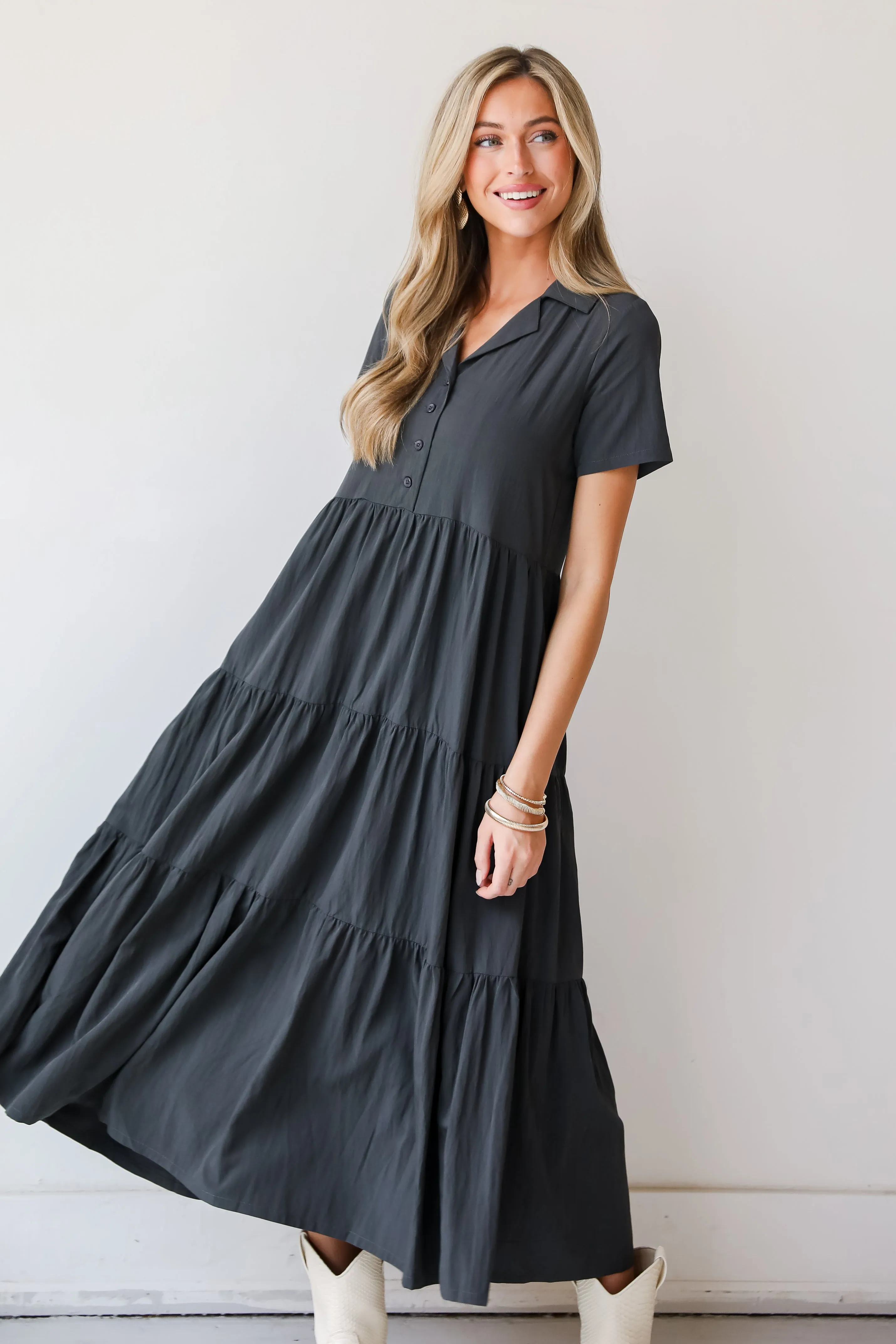 FINAL SALE - Stellar Sweetie Charcoal Tiered Maxi Dress