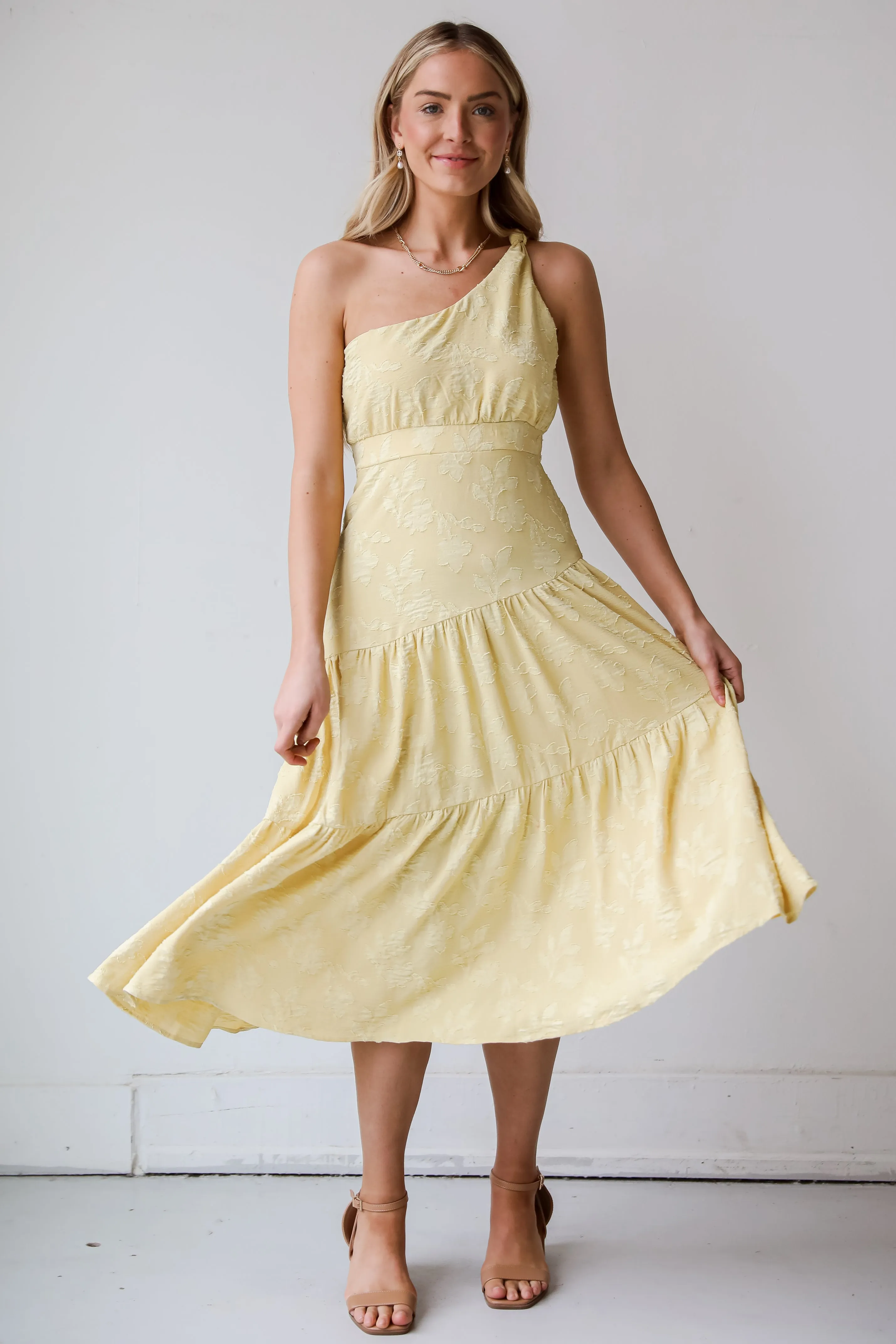 FINAL SALE - Sunshine Daydream Yellow One-Shoulder Tiered Midi Dress