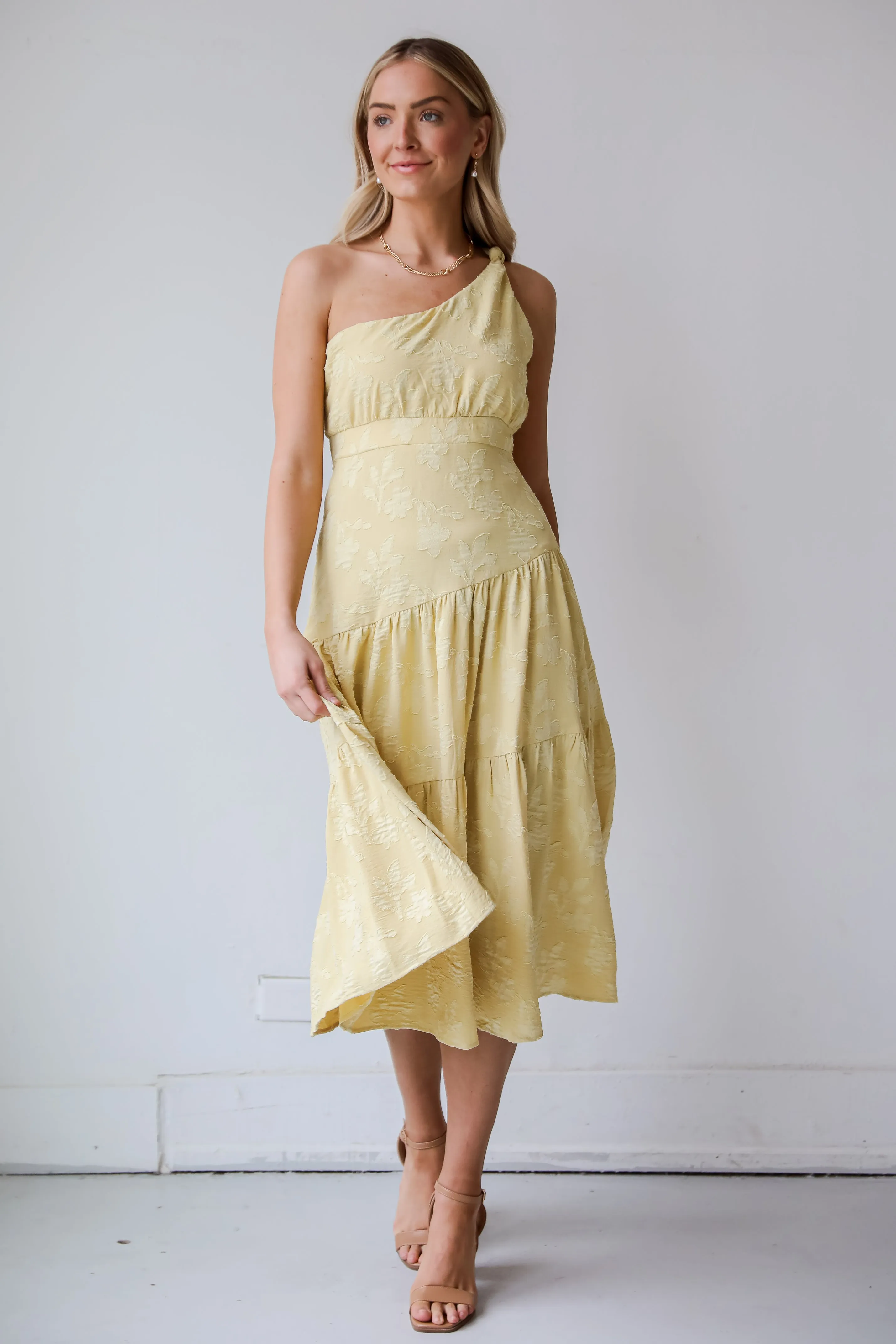 FINAL SALE - Sunshine Daydream Yellow One-Shoulder Tiered Midi Dress