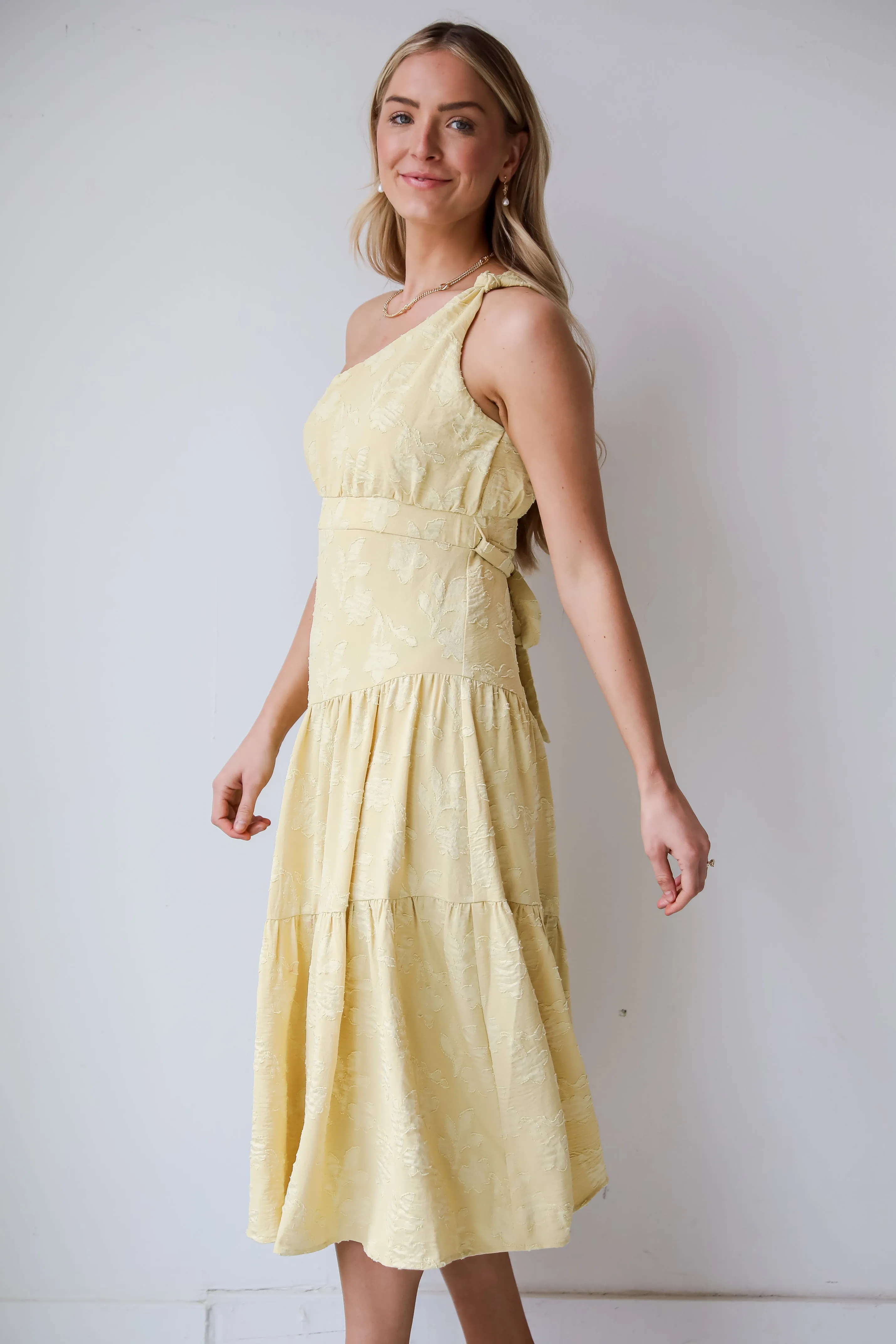 FINAL SALE - Sunshine Daydream Yellow One-Shoulder Tiered Midi Dress