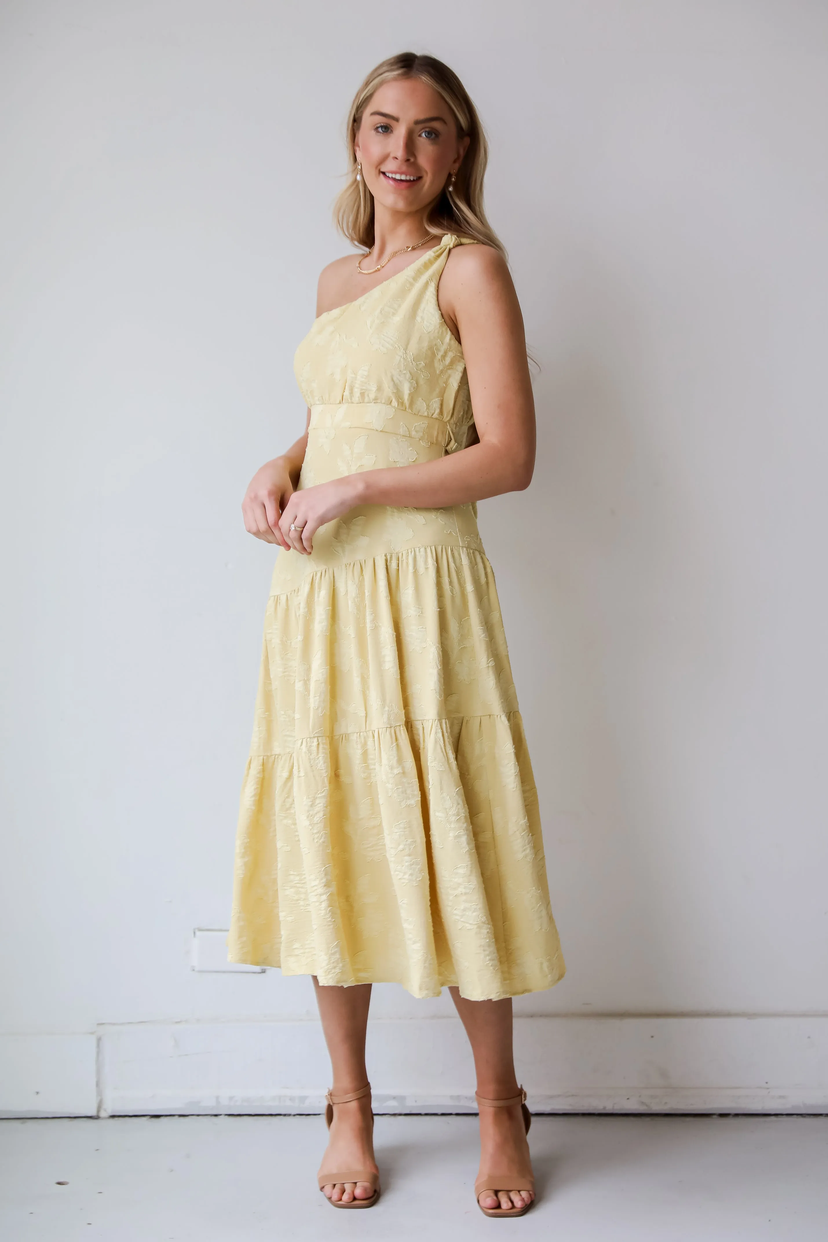 FINAL SALE - Sunshine Daydream Yellow One-Shoulder Tiered Midi Dress