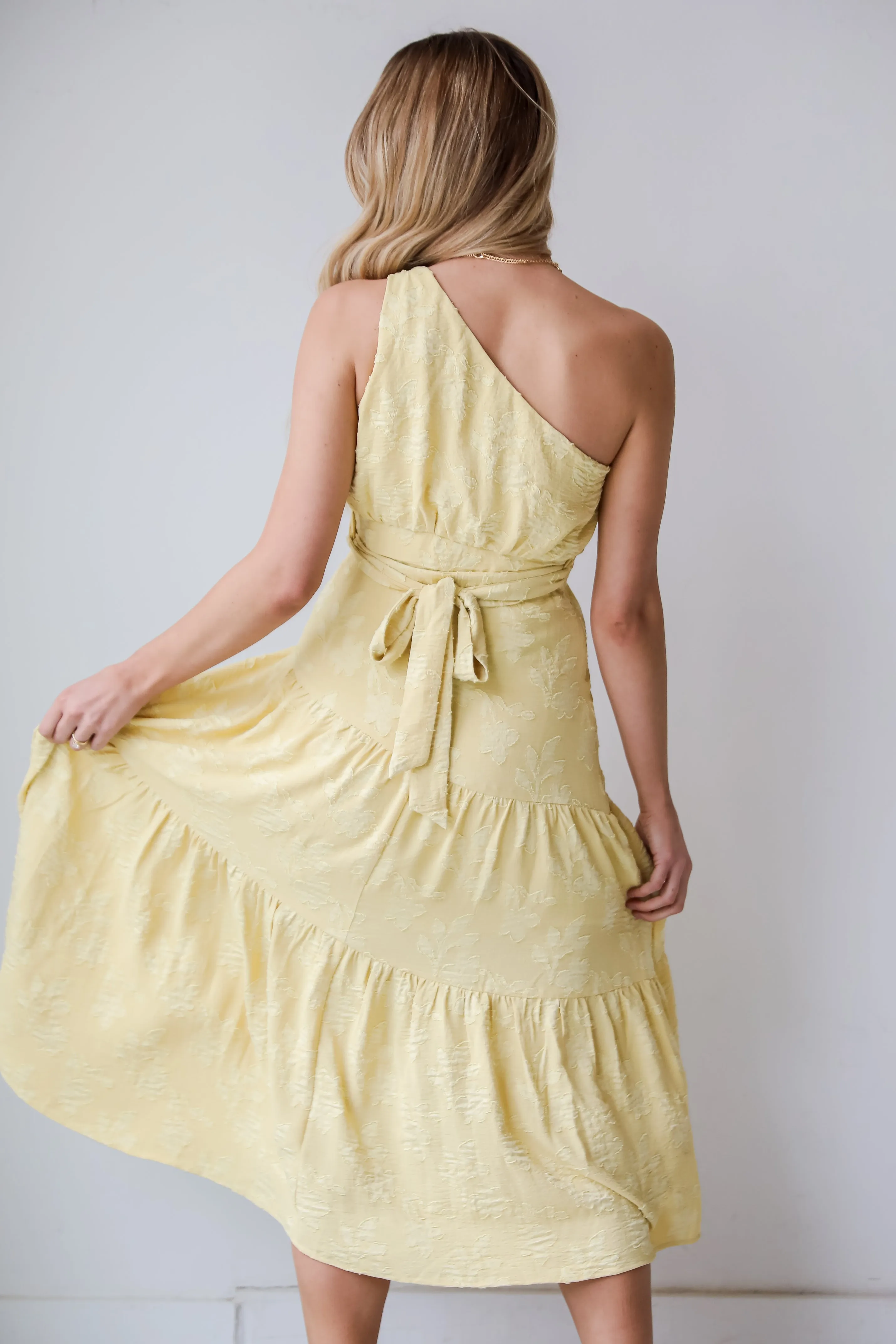 FINAL SALE - Sunshine Daydream Yellow One-Shoulder Tiered Midi Dress