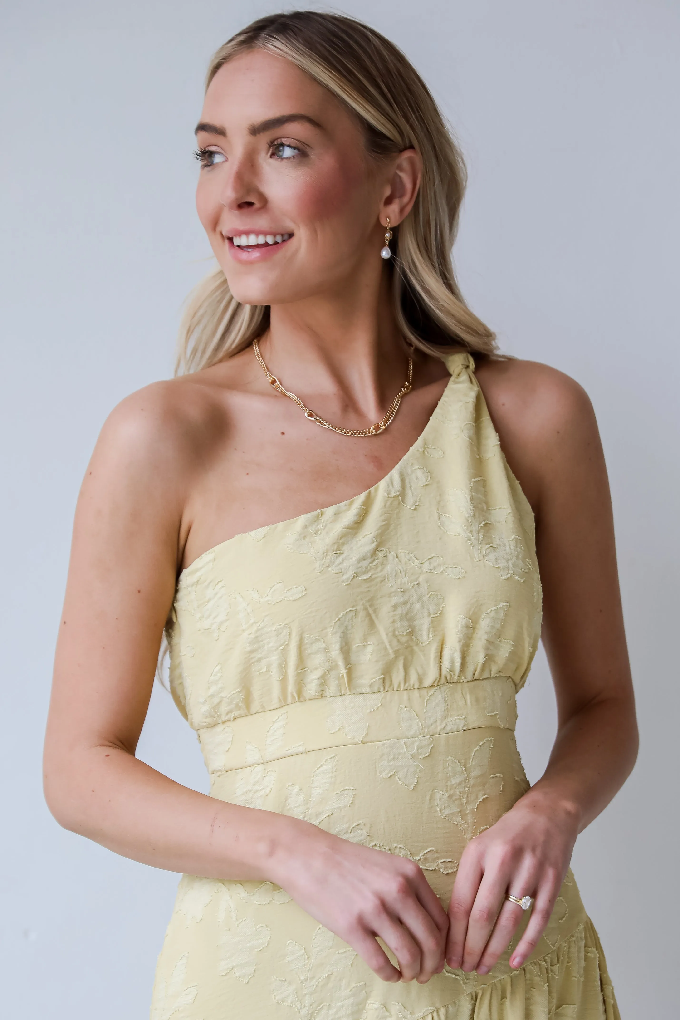 FINAL SALE - Sunshine Daydream Yellow One-Shoulder Tiered Midi Dress