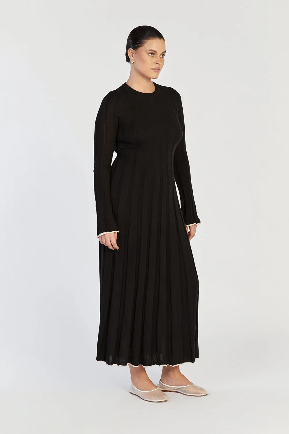 FLORA BLACK CONTRAST KNIT MIDI DRESS