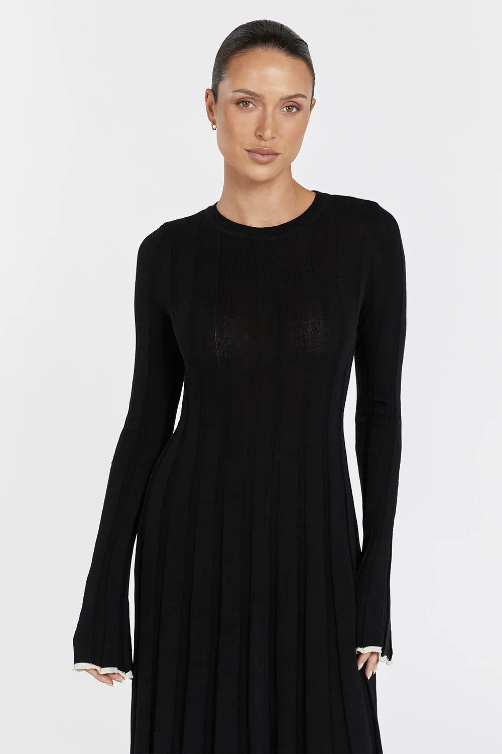 FLORA BLACK CONTRAST KNIT MIDI DRESS