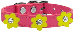 Flower Leather Collar Pink With Yellow Flowers Size 14