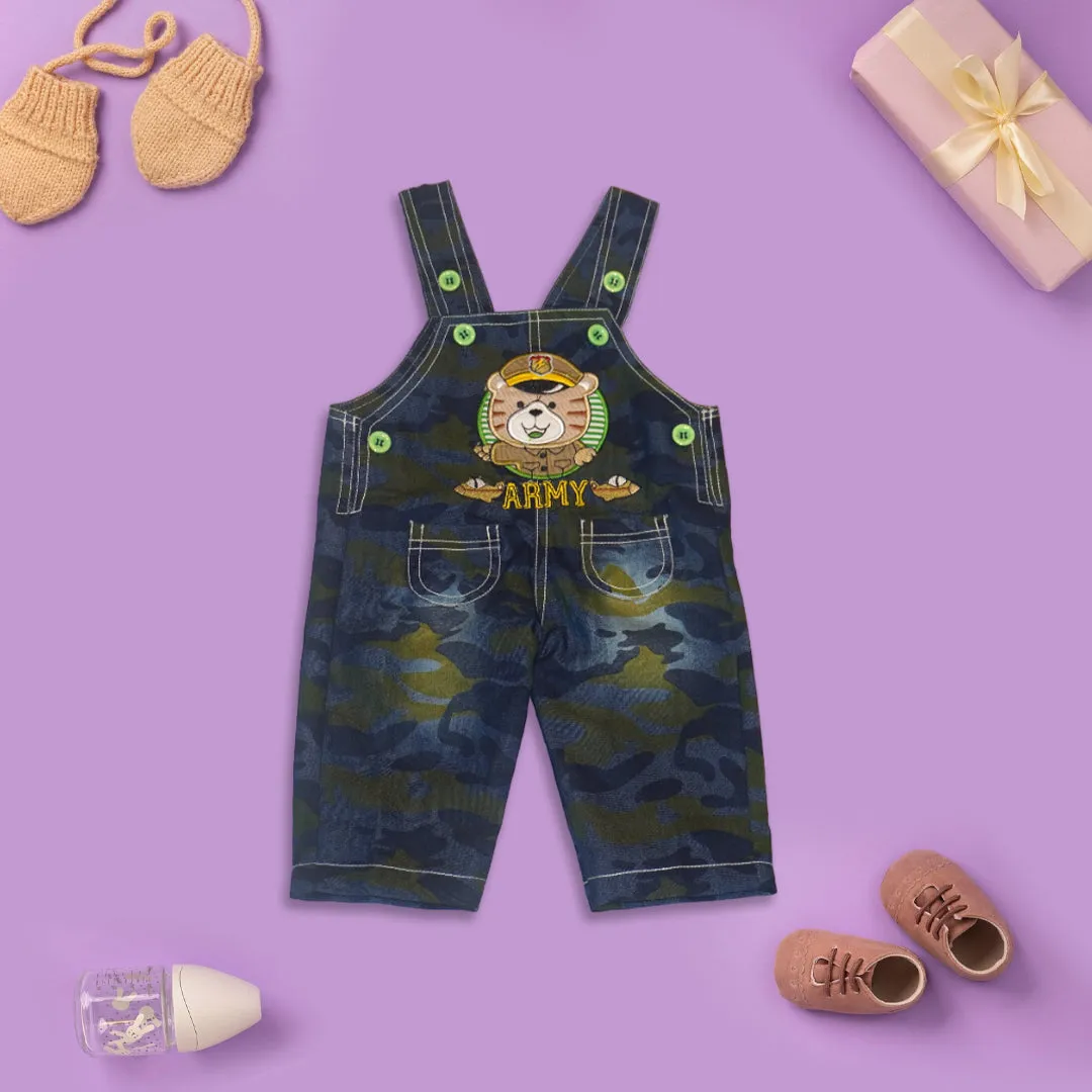 Full Sleeves Teddy Printed Tee With Embroidered Denim Dungaree (Green)