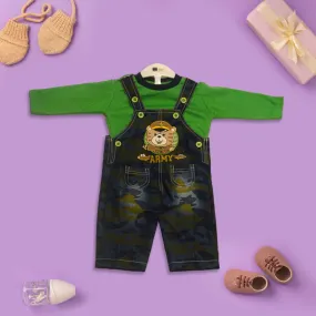 Full Sleeves Teddy Printed Tee With Embroidered Denim Dungaree (Green)