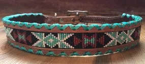 Genuine leather dog collar with teal, white, and burgundy navajo beaded inlay design, a rawhide wrapped edge