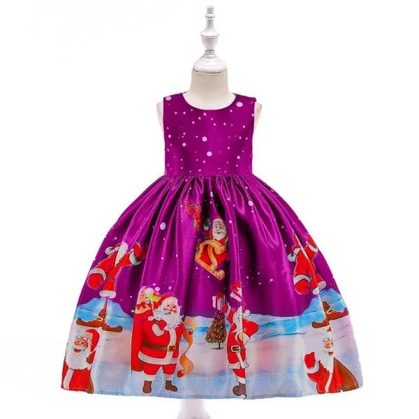 Girls Fashion Christmas Costume Santa Claus Snowflake Print Dress Kids Merry Christmas Party Dress