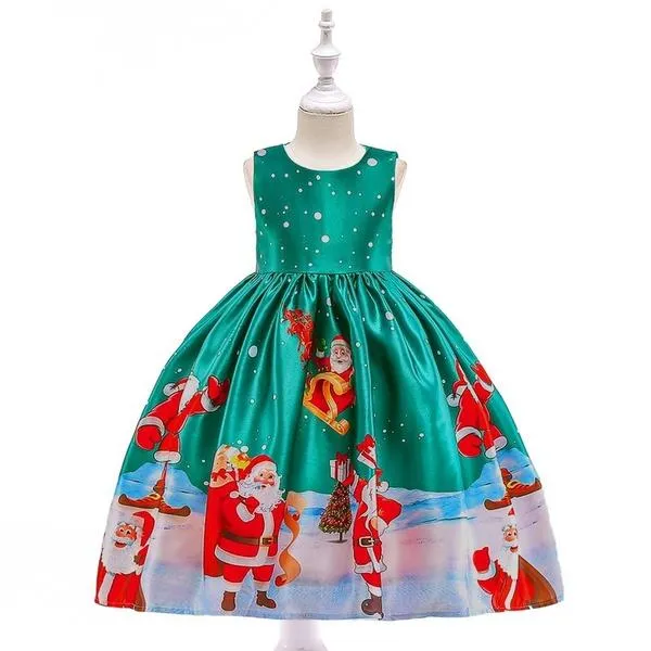 Girls Fashion Christmas Costume Santa Claus Snowflake Print Dress Kids Merry Christmas Party Dress