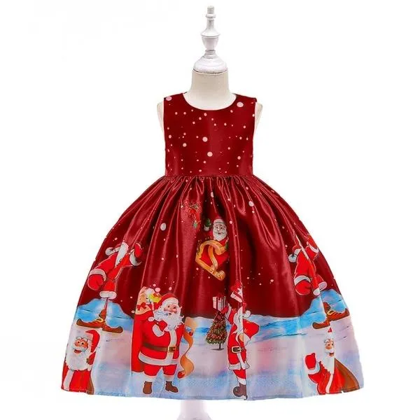 Girls Fashion Christmas Costume Santa Claus Snowflake Print Dress Kids Merry Christmas Party Dress