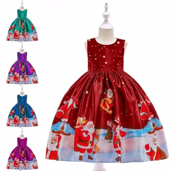 Girls Fashion Christmas Costume Santa Claus Snowflake Print Dress Kids Merry Christmas Party Dress