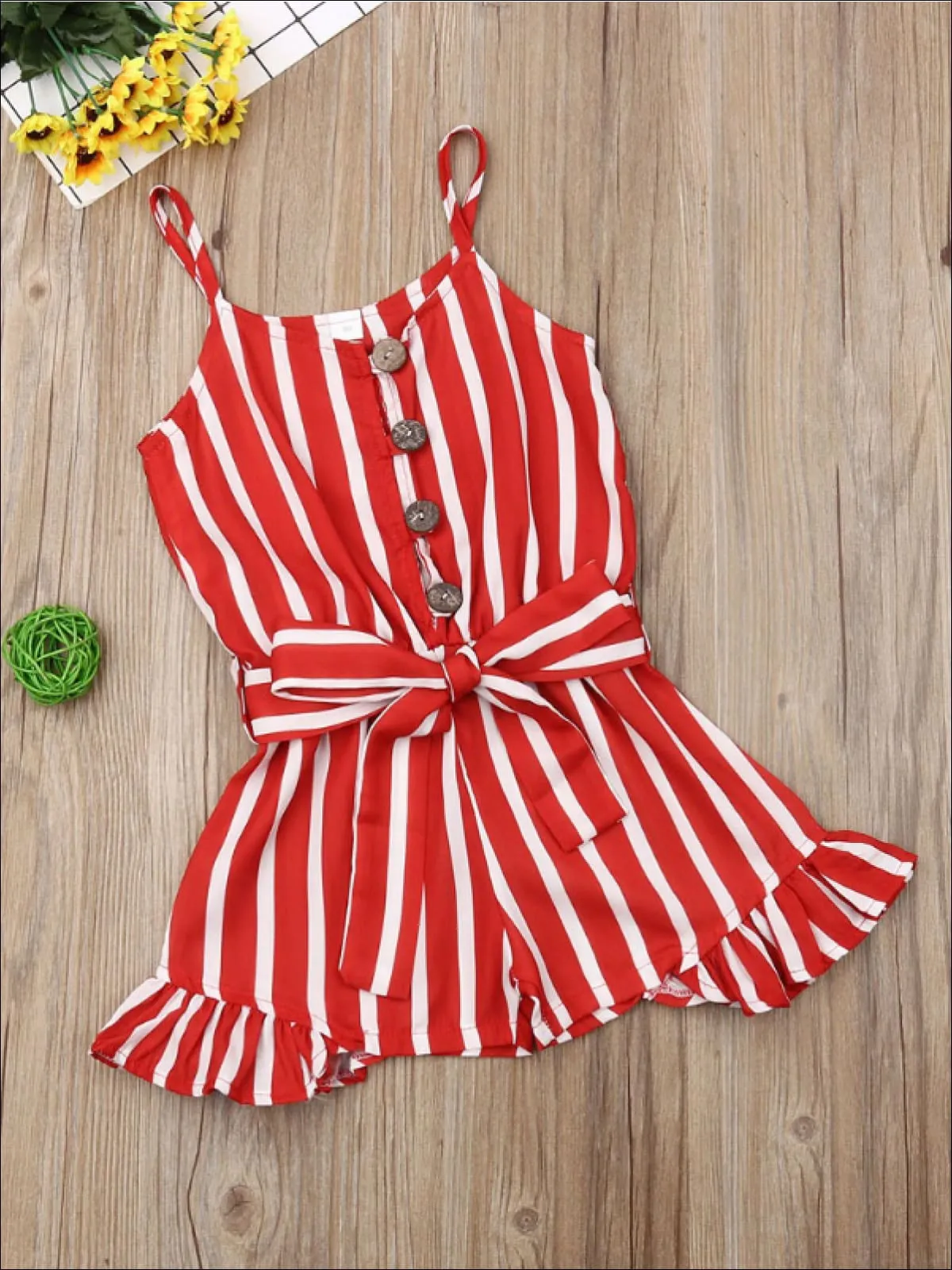 Girls Red Striped Ruffled Romper