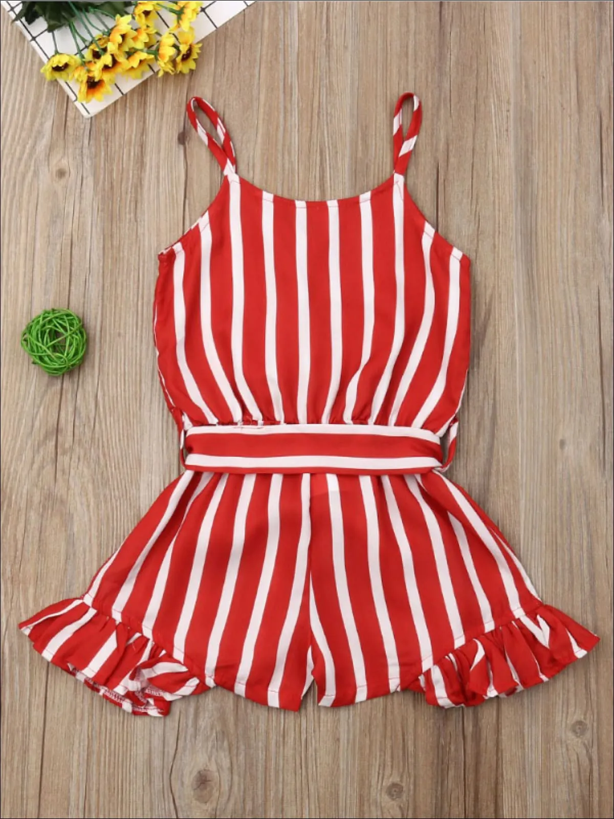 Girls Red Striped Ruffled Romper