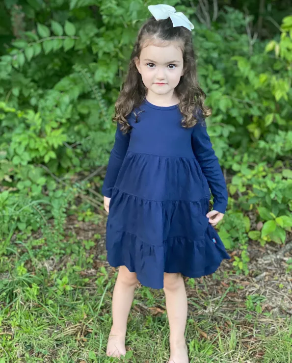 Girls Soft Cotton Jersey Long Sleeve Tiered Dress | Navy