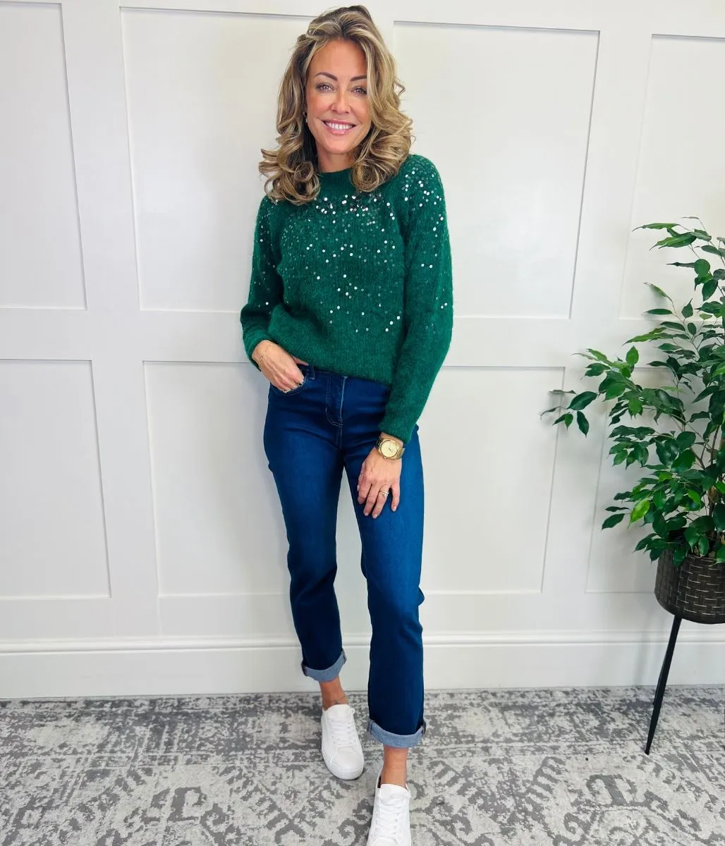 Green Sequin Crew Neck Jumper