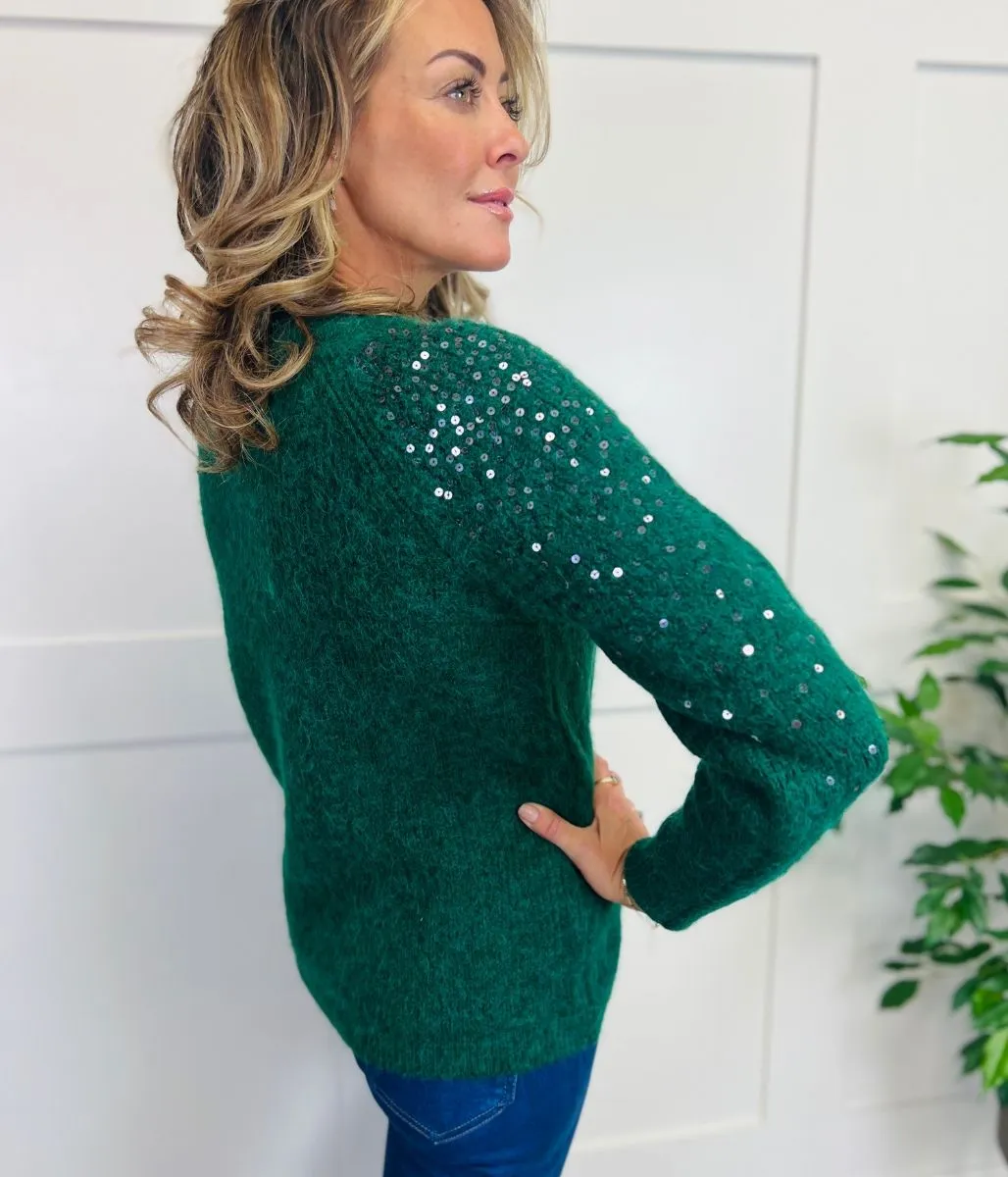 Green Sequin Crew Neck Jumper