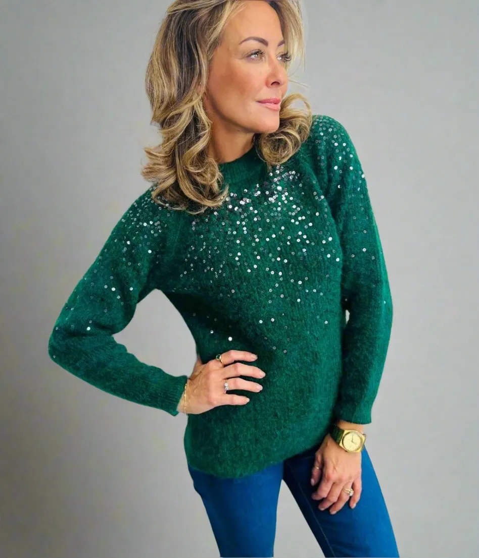 Green Sequin Crew Neck Jumper