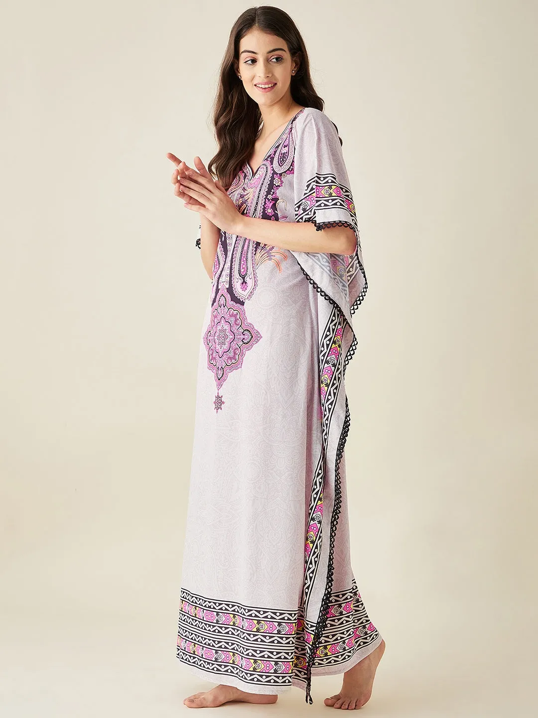 Grey And Pink Paisley Printed Kaftan Nightress - The Kaftan Company