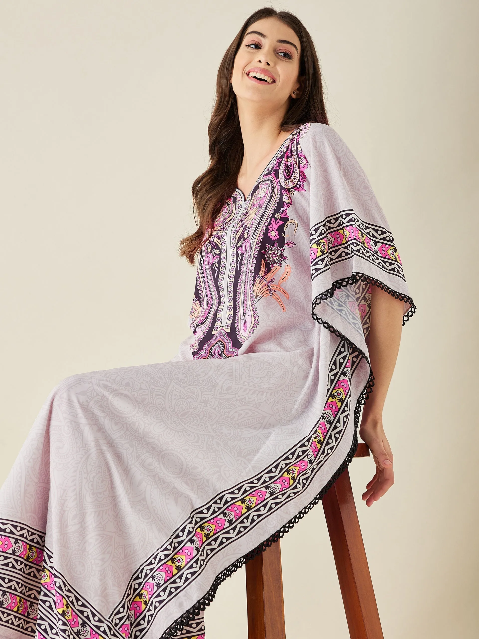 Grey And Pink Paisley Printed Kaftan Nightress - The Kaftan Company