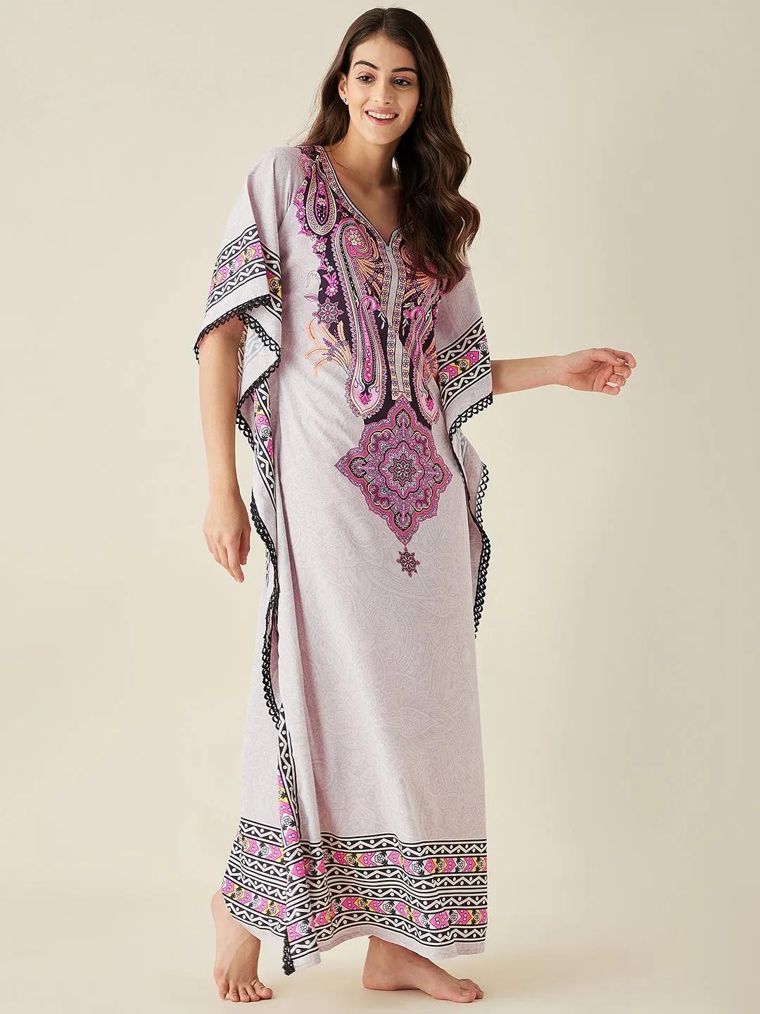 Grey And Pink Paisley Printed Kaftan Nightress - The Kaftan Company